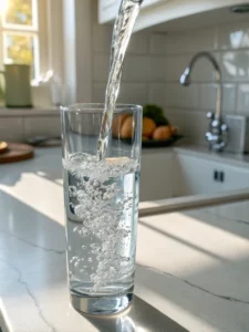 Pouring filtered water into a tall glass for Oprah Pink Salt Recipe