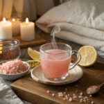 Warm pink salt trick drink on bedside table with candlelight and lemon