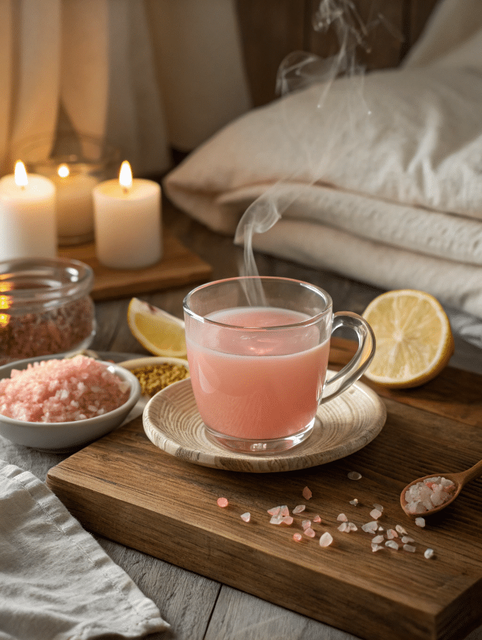 Warm What is the pink salt trick drink on bedside table with candlelight and lemon