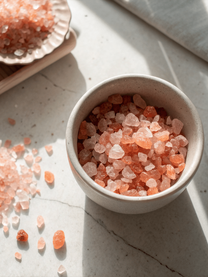 Pink Himalayan salt crystals in bowl