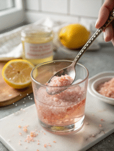 Stirring Himalayan pink salt in warm detox water