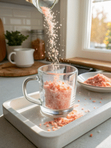 Adding Himalayan pink salt into a glass for the pink salt trick recipe