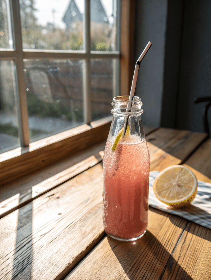 Glass of pink salt water served on table
