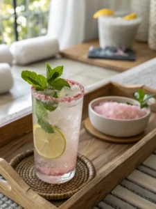 Garnished Eight Labs pink salt trick with mint and lemon