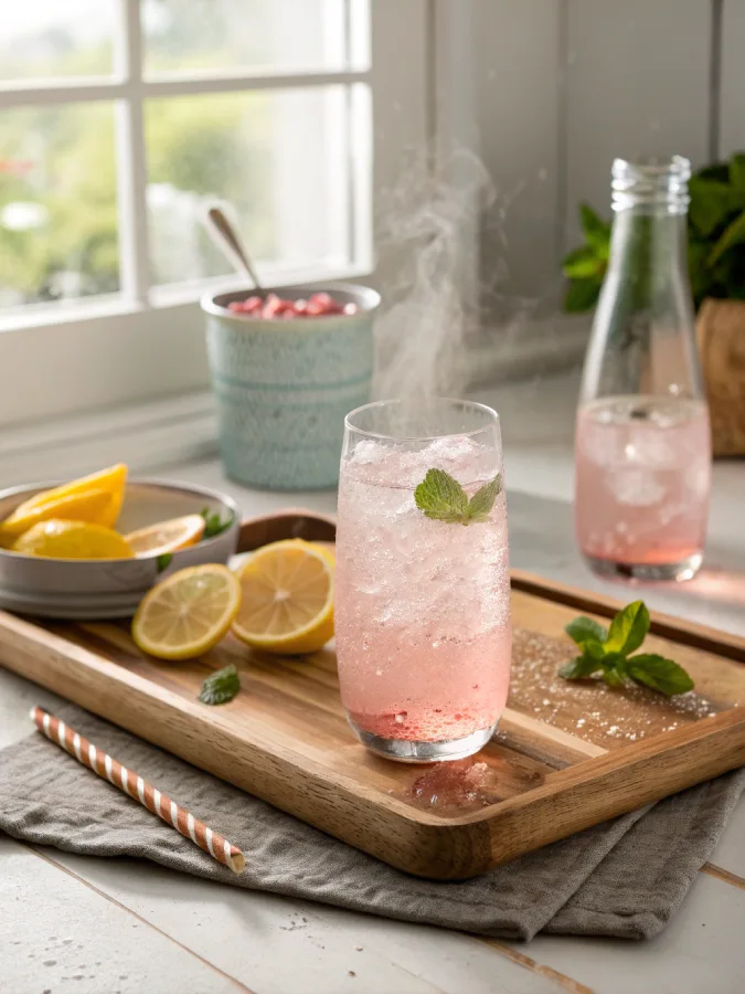 Served Eight Labs pink salt trick drink with lemon