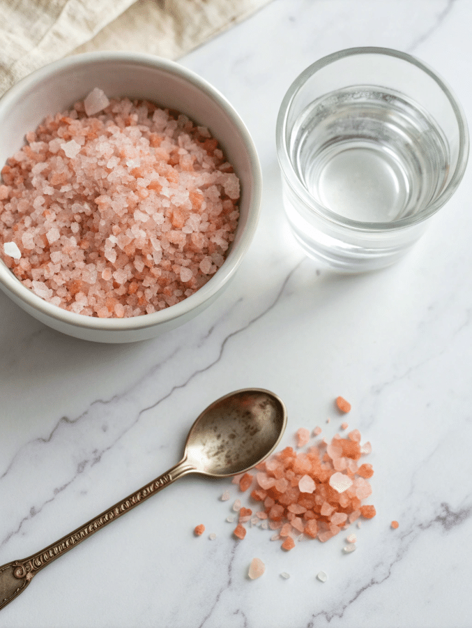Pink salt with glass of water and teaspoon