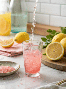squeezing lemon into pink salt water