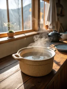 Warm water in a ceramic saucepan for Japanese Pink Salt Recipe