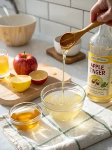 Stirring lemon juice and vinegar into pink salt water