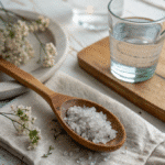 Celtic salt trick with water on rustic kitchen table