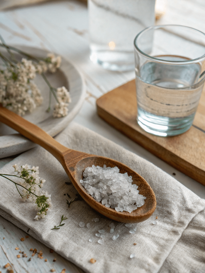 Celtic salt trick with water on rustic kitchen table