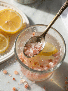 Stirring pink salt and lemon in warm water