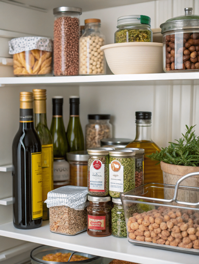 Mediterranean diet pantry staples organized