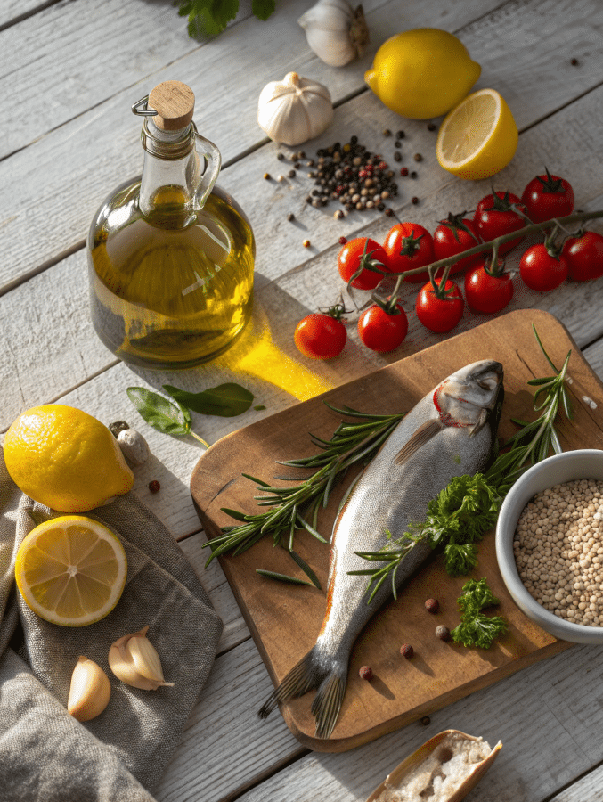 Mediterranean diet ingredients on rustic table