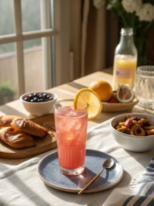 pink salt drink served with lemon slice garnish