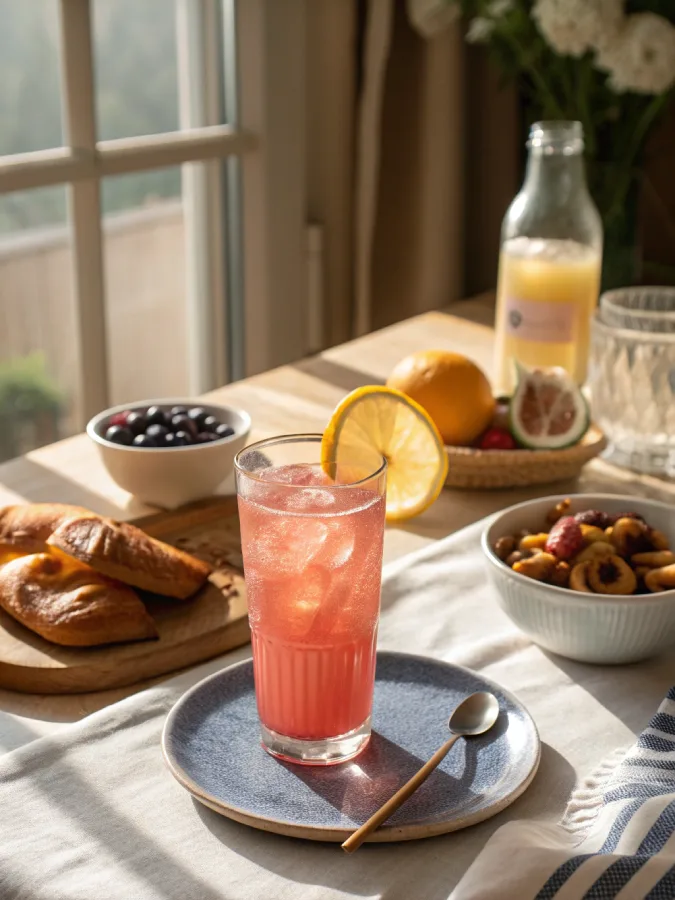 pink salt drink served with lemon slice garnish