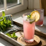 Served pink salt recipe drink with lemon and mint garnish