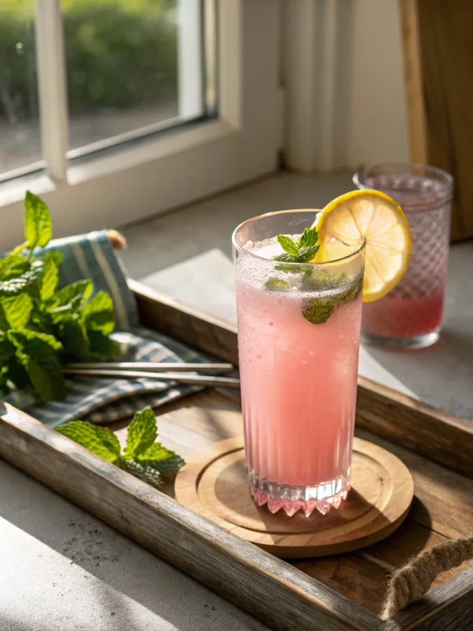 Served pink salt recipe drink with lemon and mint garnish