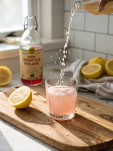 adding lemon juice and ACV to pink salt water
