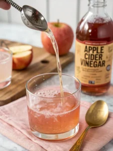 Pouring raw apple cider vinegar into detox drink