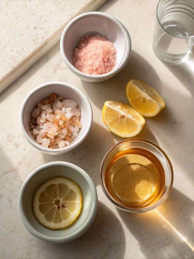Flat lay of ingredients for pink salt drink – Himalayan pink salt, lemon, ACV, and water