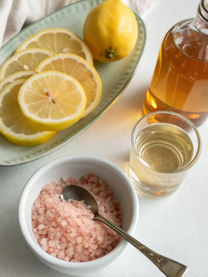 Pink salt trick drink ingredients laid out