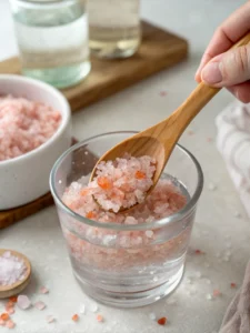 stirring pink Himalayan salt in warm water