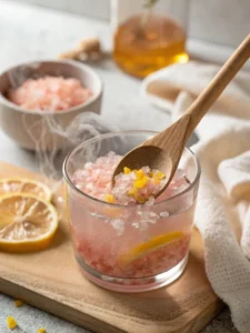 stirring pink salt trick detox drink until dissolved