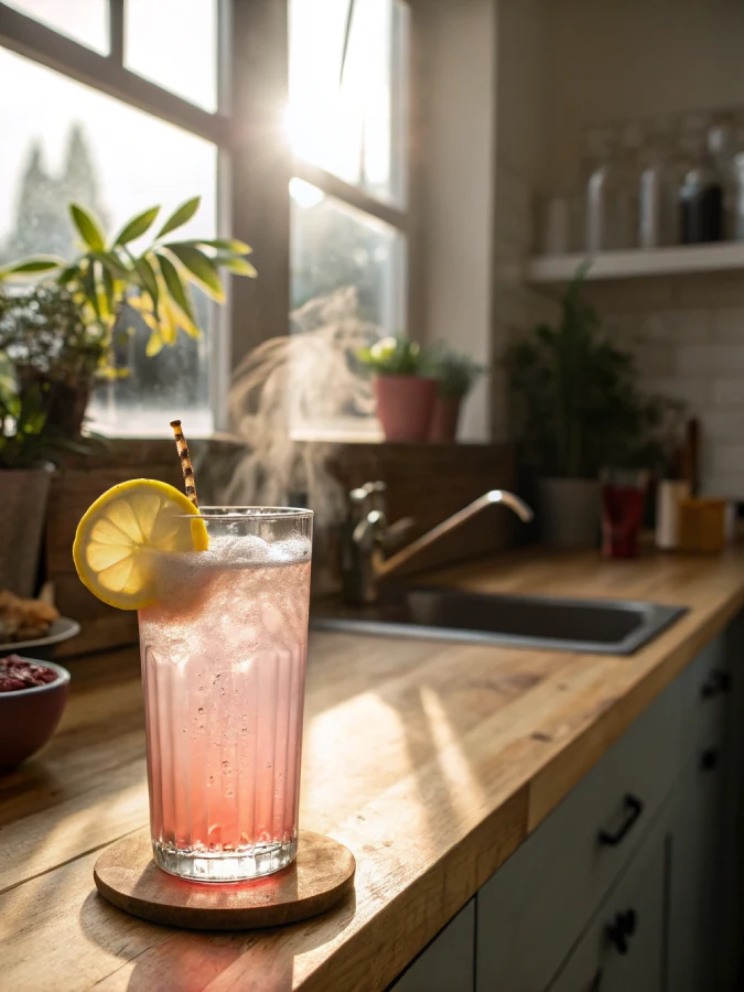 clear glass of pink salt trick drink with lemon