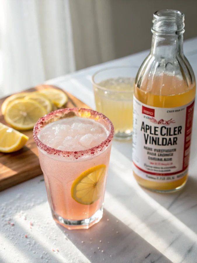 Pink salt trick drink served with lemon