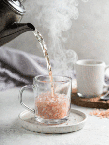 Pouring warm water into a glass to prepare the pink salt trick drink