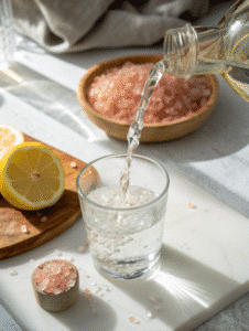 Pouring warm water into glass for Himalayan pink salt weight loss drink
