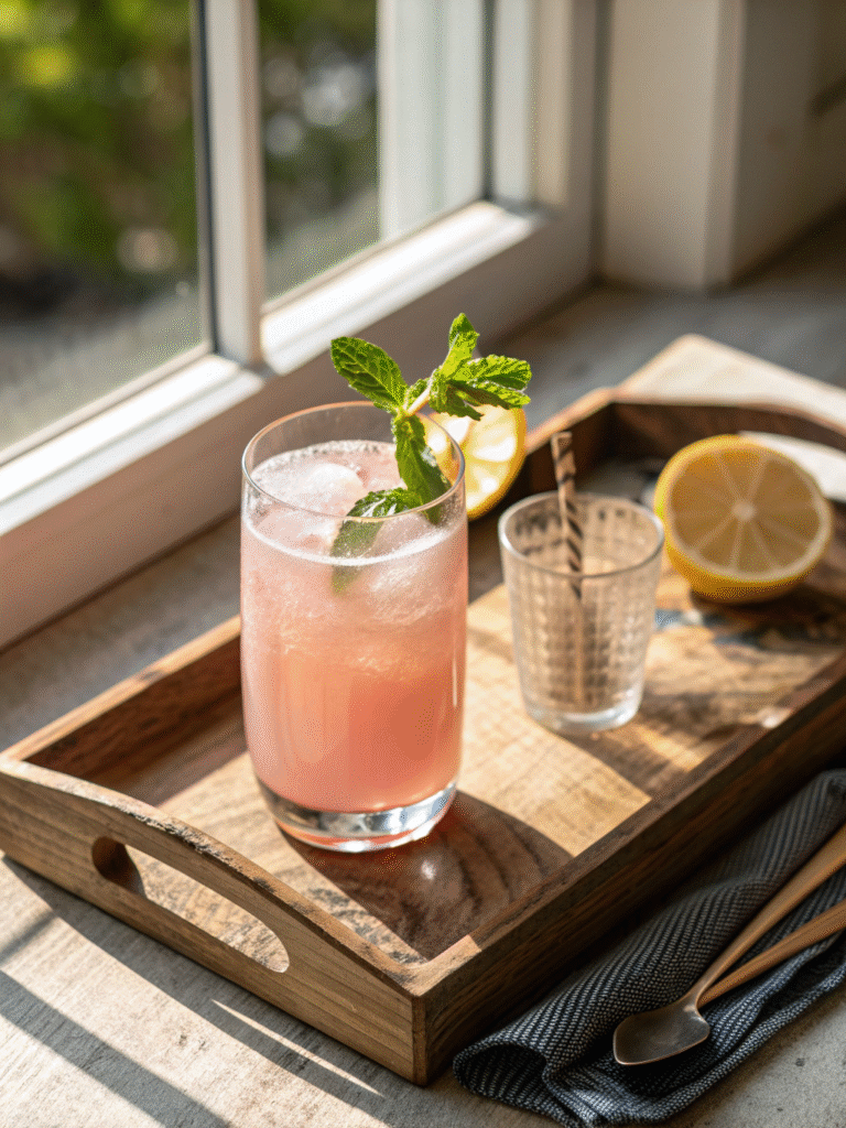 Served pink salt trick recipe for weight loss drink with garnish