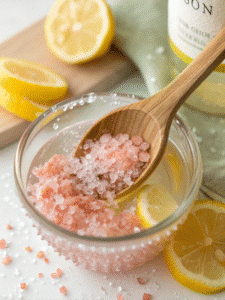stirring pink salt and lemon in warm water