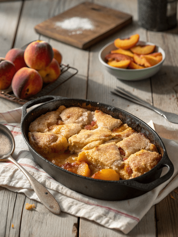 Peach cobbler recipe baked golden with juicy peaches
