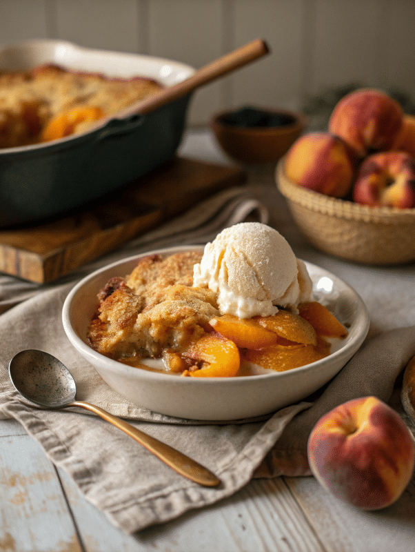 Peach cobbler recipe served with vanilla ice cream