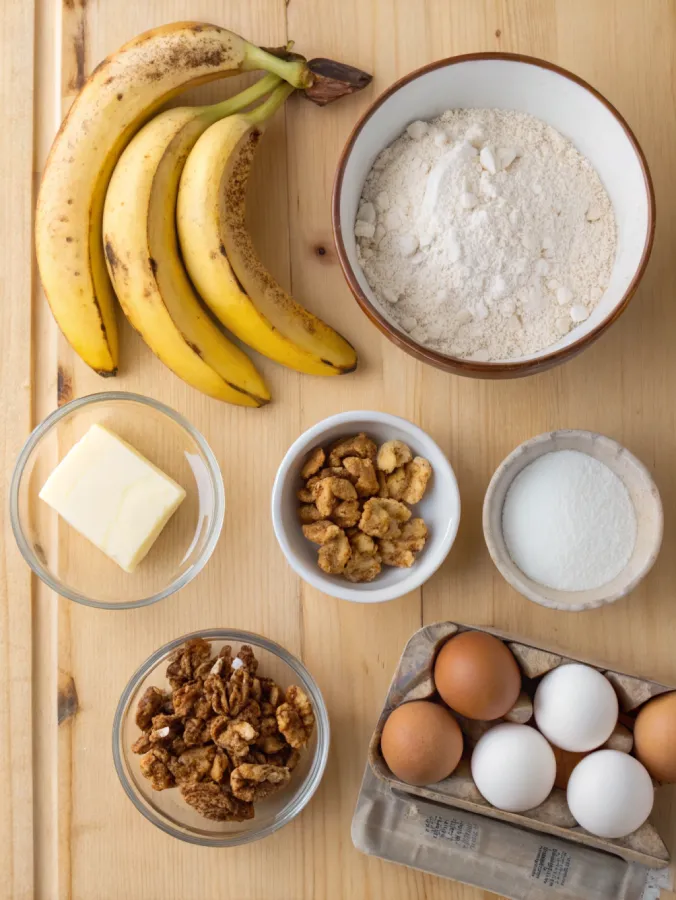 banana bread recipe ingredients flat lay