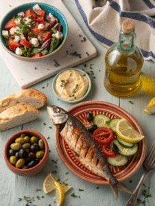 Mediterranean diet recipes on a rustic table
