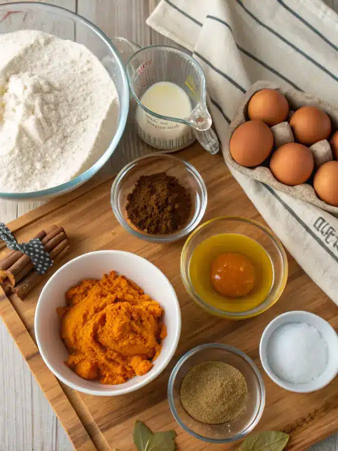 pumpkin bread recipe ingredients flat lay