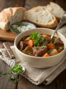Bowl of beef stew recipe ready to eat