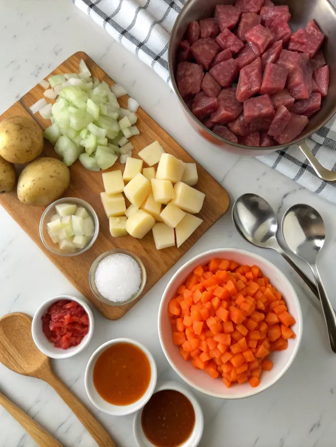 Ingredients for beef stew recipe on counter