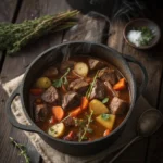 Hearty beef stew recipe in cast iron pot
