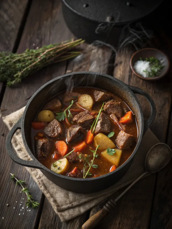 Hearty beef stew recipe in cast iron pot