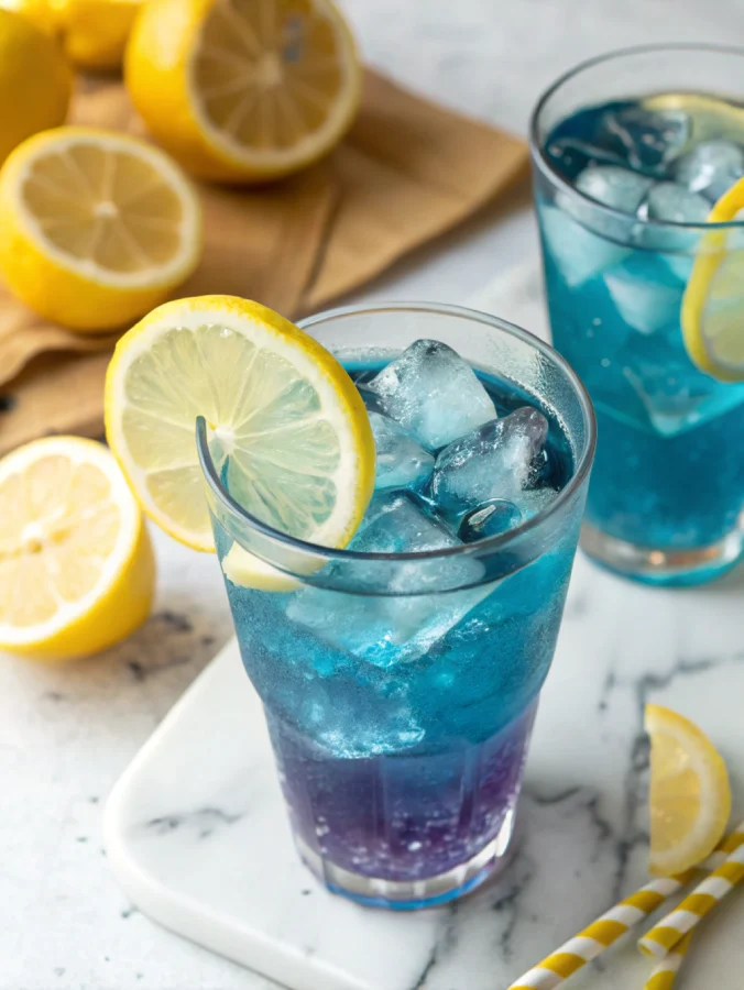 butterfly pea lemonade in glass