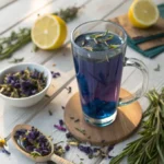 butterfly pea flower tea in glass mug