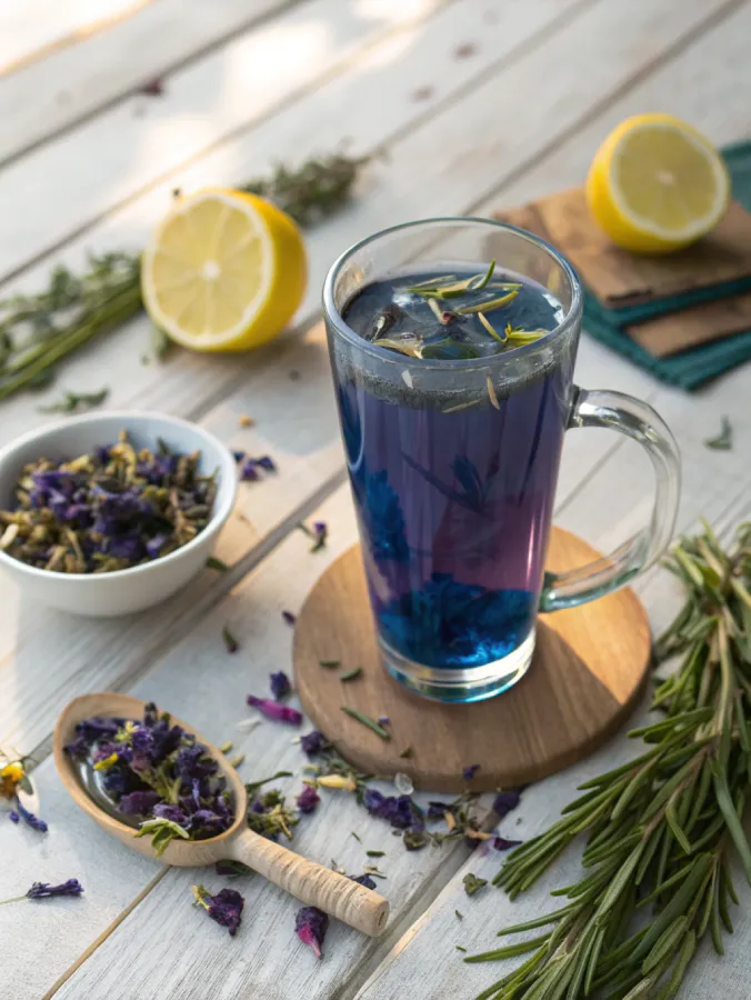 butterfly pea flower tea in glass mug