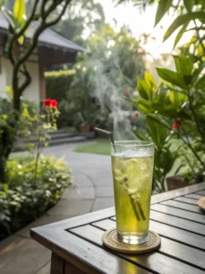 Iced green tea with lemon and mint served outdoors