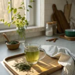 Soothing green tea cup in morning kitchen light