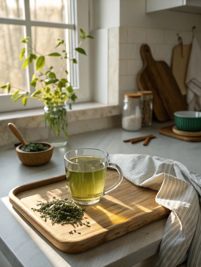 Soothing green tea cup in morning kitchen light
